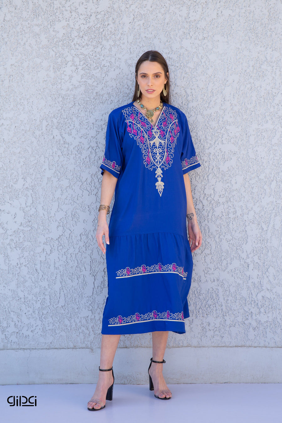 Blue Tunic Kaftan, Long sleeve embroidered kaftan dress, Boho embroidery tunic dress, Egyptian cotton. Autumn, beach, resorts, Gypsy dress.