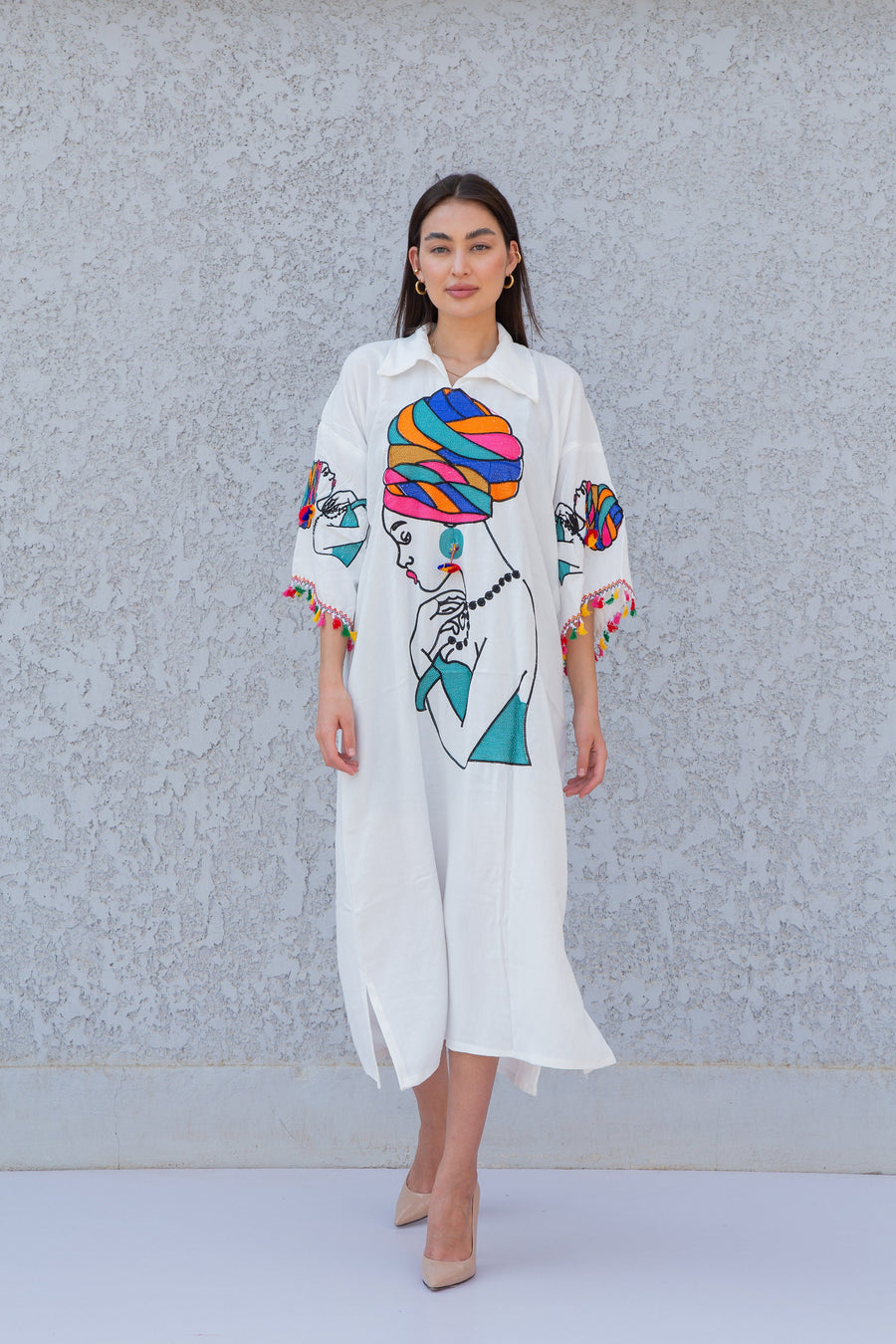 White African woman embroidered cotton caftan, Short embroidered Cotton caftan dress, African women clothing, caftan, caftans 10-23