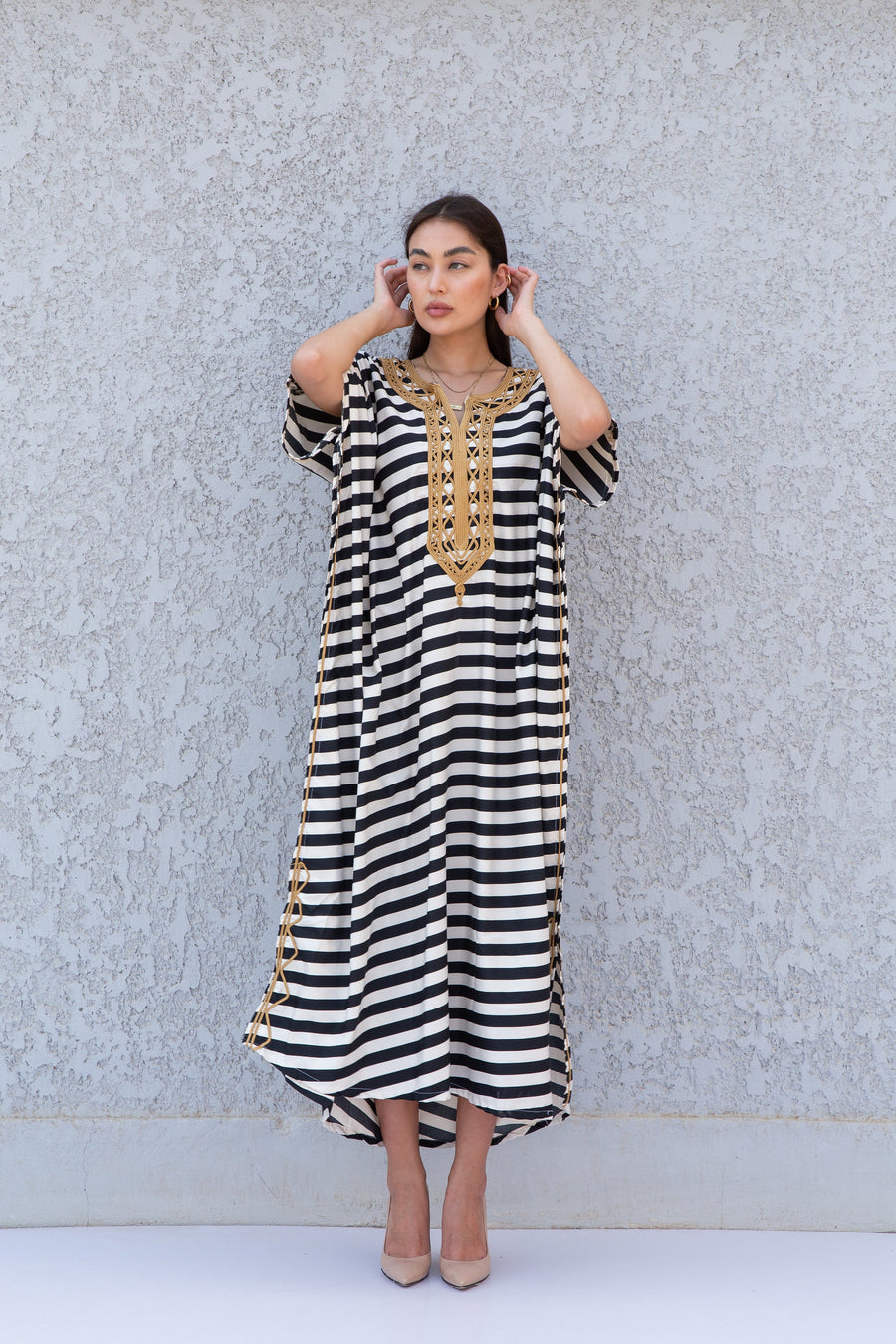 Striped hand embroidered kaftan dress, Hamsa Caftan dress, Caftans for women, Boho, caftans for women, caftans, kaftans, house kaftan