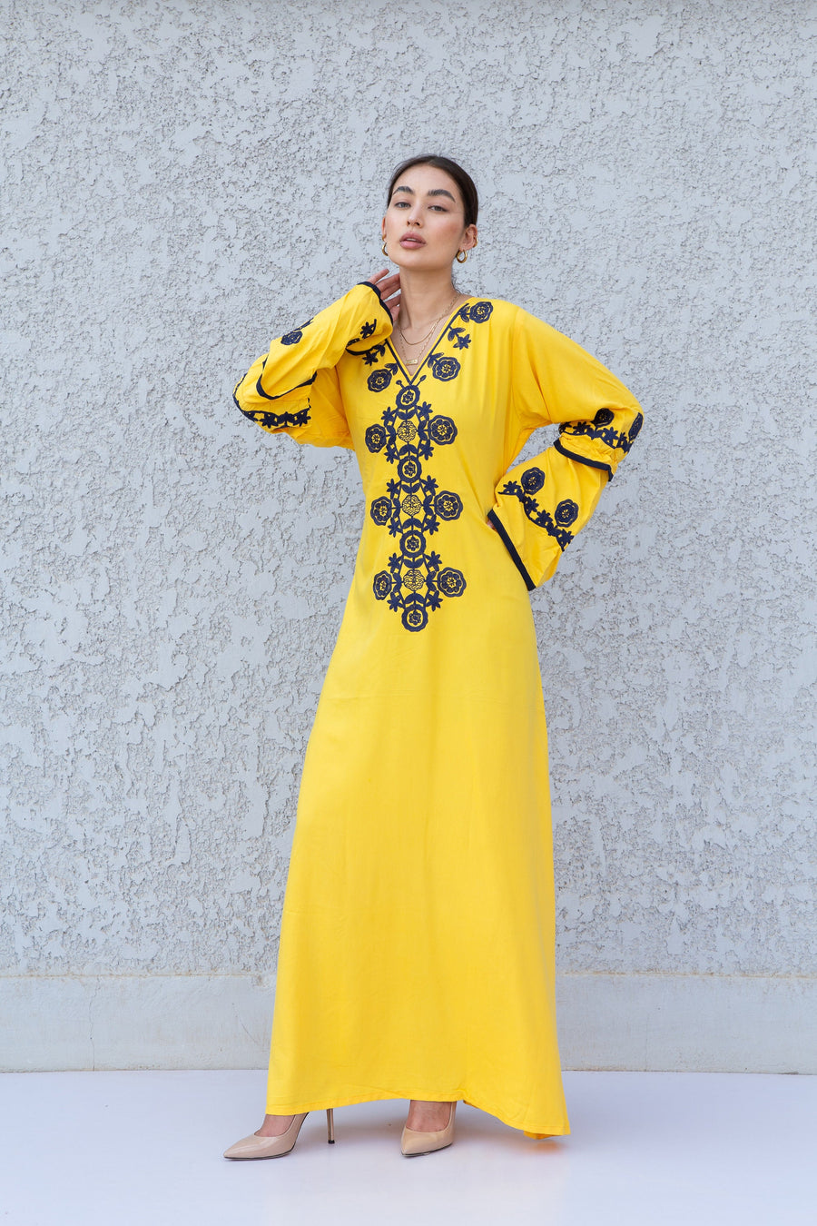 Yellow wedding embroidered Kaftan maxi dress, Kaftan maxi, Cotton caftan women, caftan, Chic embroidered caftan, Egyptian cotton 10-23