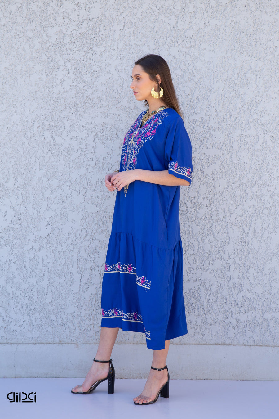 Blue Tunic Kaftan, Long sleeve embroidered kaftan dress, Boho embroidery tunic dress, Egyptian cotton. Autumn, beach, resorts, Gypsy dress.