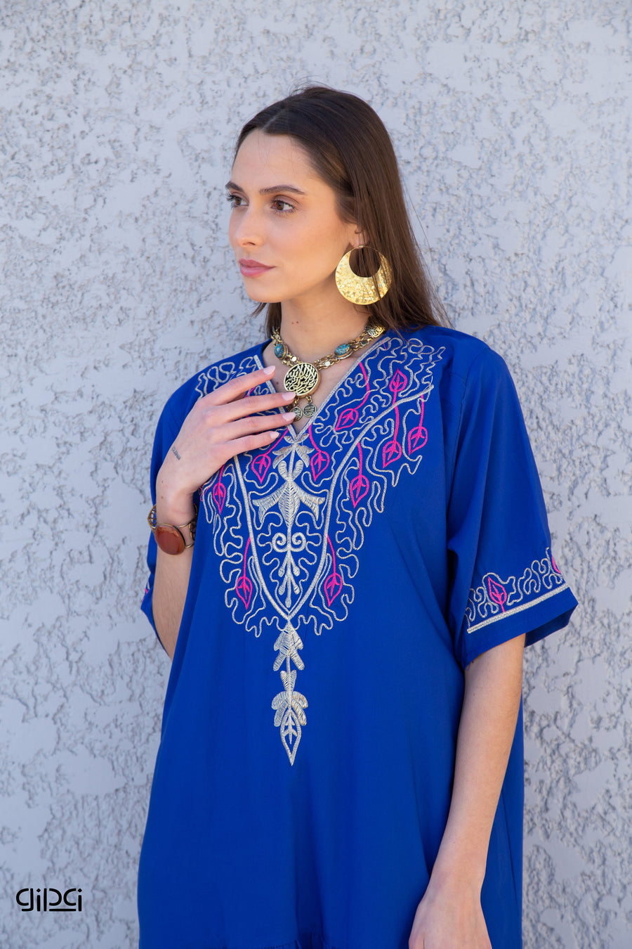 Blue Tunic Kaftan, Long sleeve embroidered kaftan dress, Boho embroidery tunic dress, Egyptian cotton. Autumn, beach, resorts, Gypsy dress.