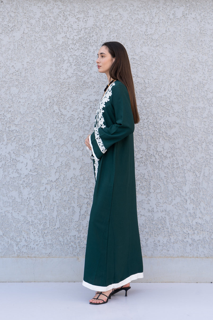 Green Autumn / Winter Bohemian Maxi kaftan dress, Long sleeve caftan, Chic embroidered caftan, High quality Egyptian cotton.