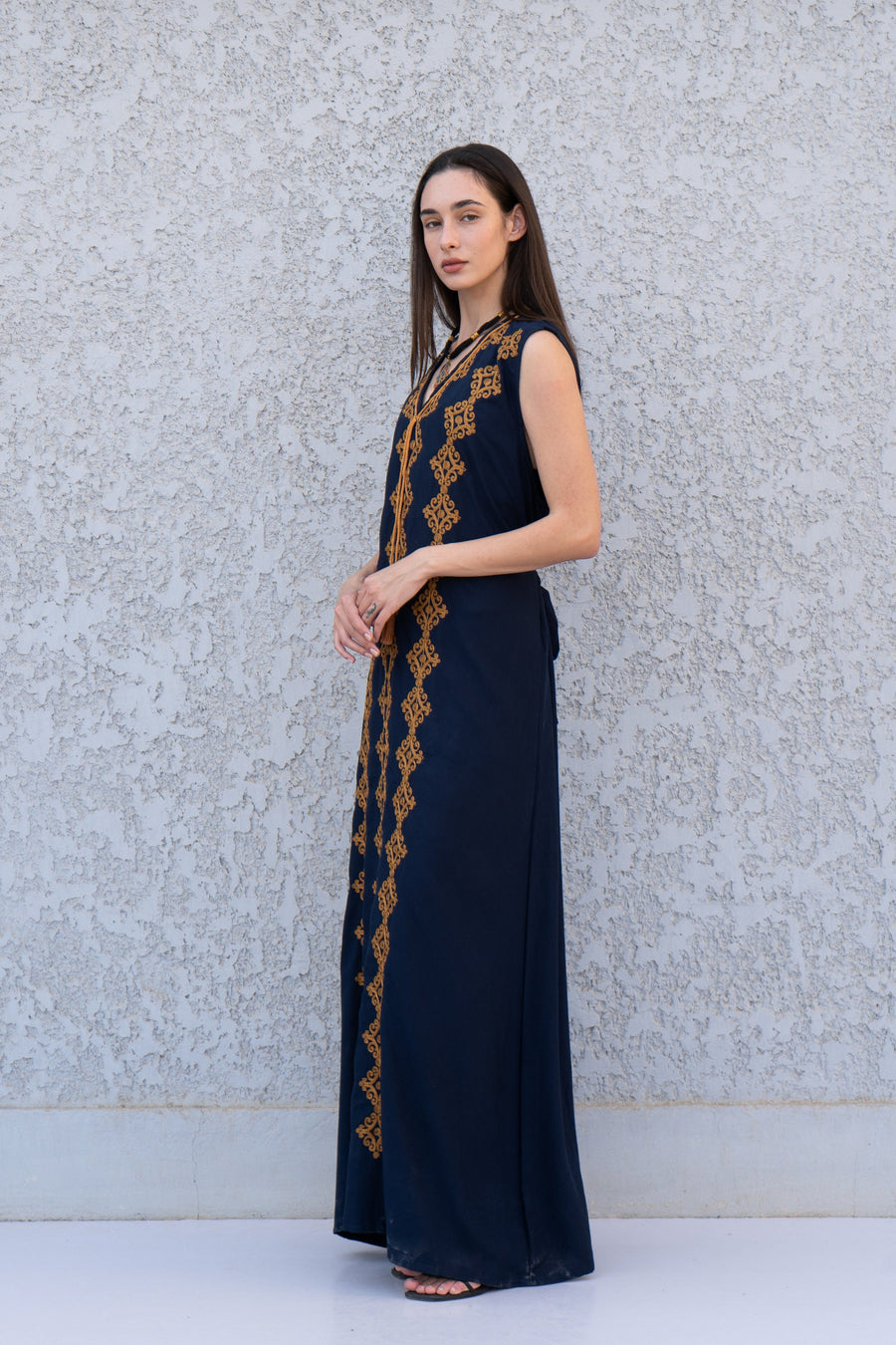 Chic sleeveless Navy blue embroidered caftan, elegant embroidered Caftan dress, Caftan maxi dress, Caftans for women, Cotton caftans summer