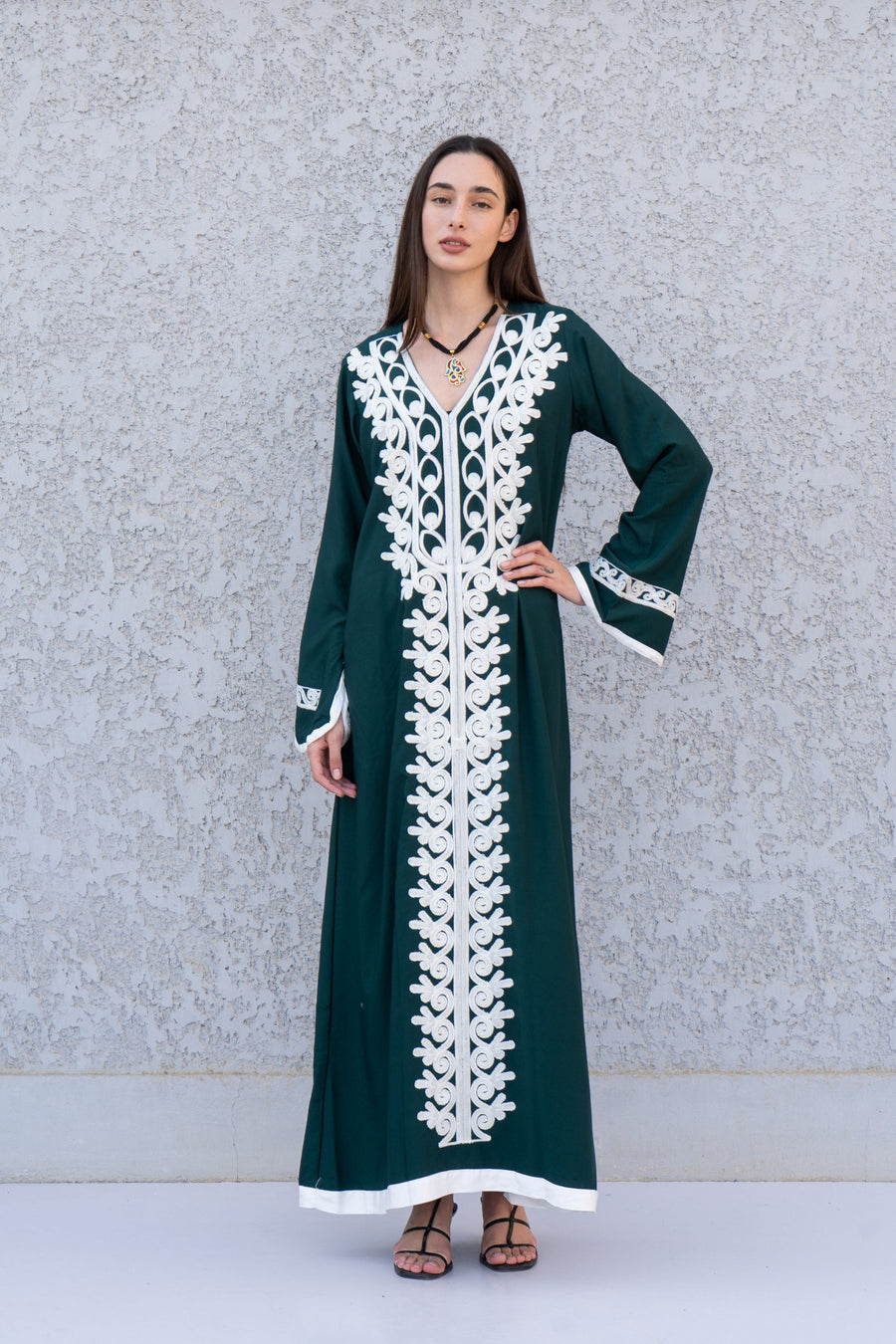 Green Autumn / Winter Bohemian Maxi kaftan dress, Long sleeve caftan, Chic embroidered caftan, High quality Egyptian cotton.