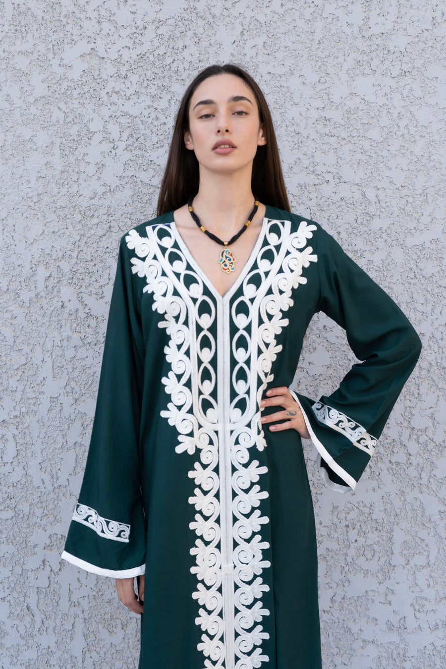 Green Autumn / Winter Bohemian Maxi kaftan dress, Long sleeve caftan, Chic embroidered caftan, High quality Egyptian cotton.