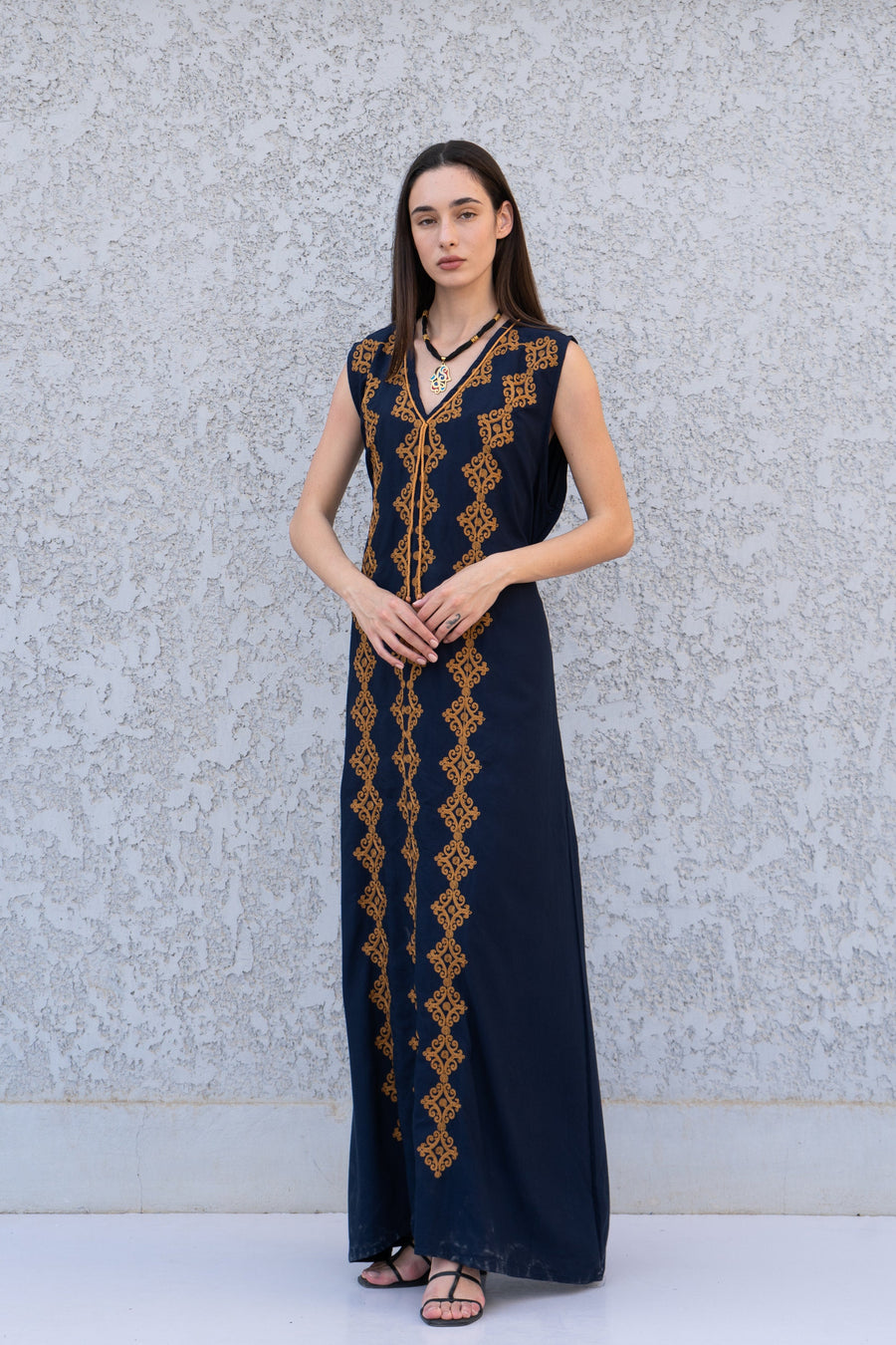 Chic sleeveless Navy blue embroidered caftan, elegant embroidered Caftan dress, Caftan maxi dress, Caftans for women, Cotton caftans summer