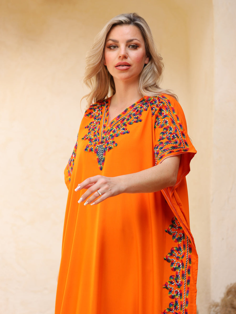 Fresh orange summer embroidered Kaftan, caftans for women, caftan, women's kaftan, free size Kaftan, Summer Kaftan, cotton Caftans