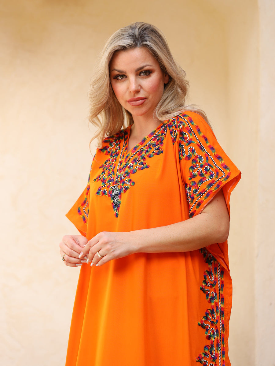 Fresh orange summer embroidered Kaftan, caftans for women, caftan, women's kaftan, free size Kaftan, Summer Kaftan, cotton Caftans