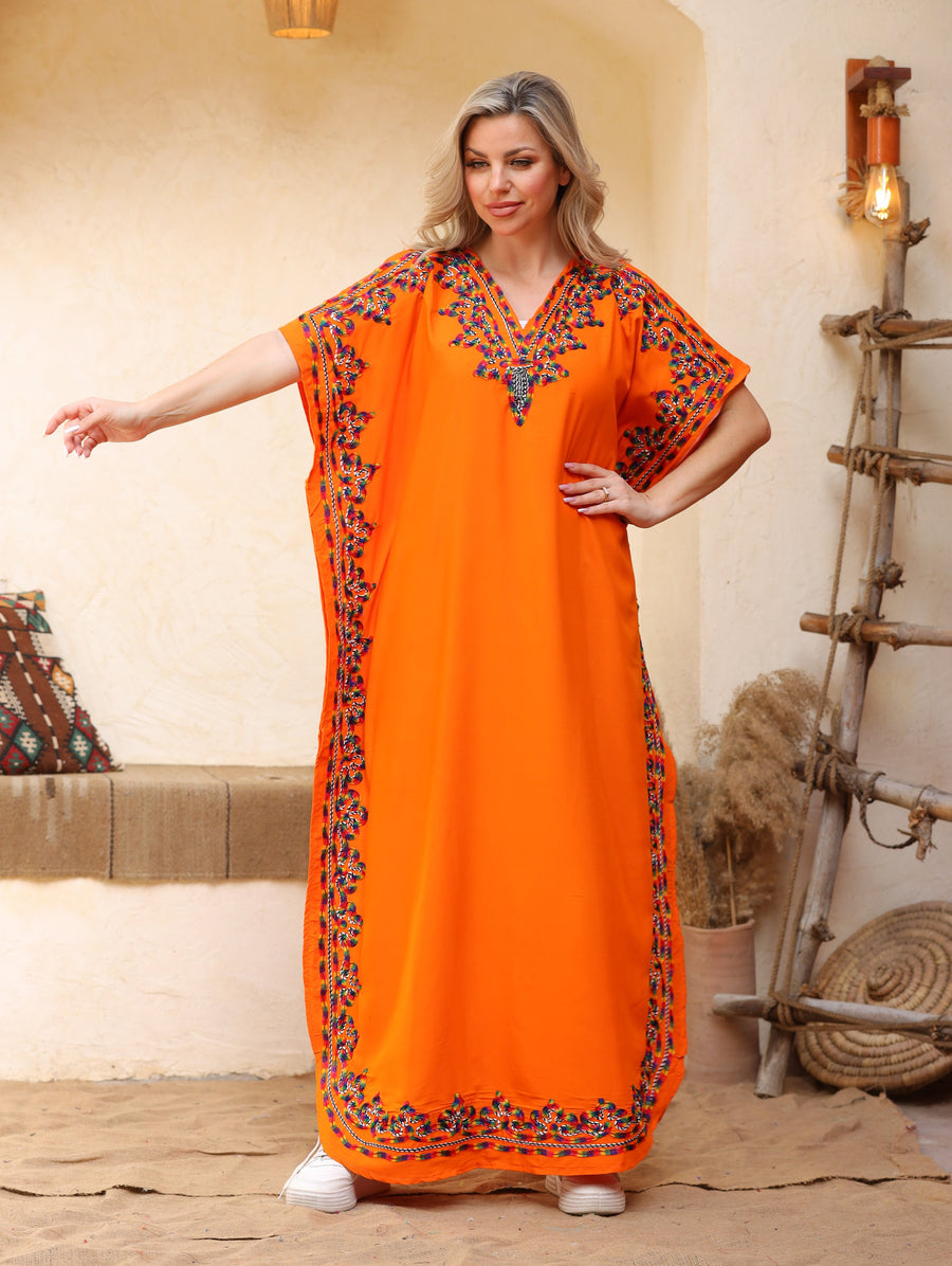 Fresh orange summer embroidered Kaftan, caftans for women, caftan, women's kaftan, free size Kaftan, Summer Kaftan, cotton Caftans