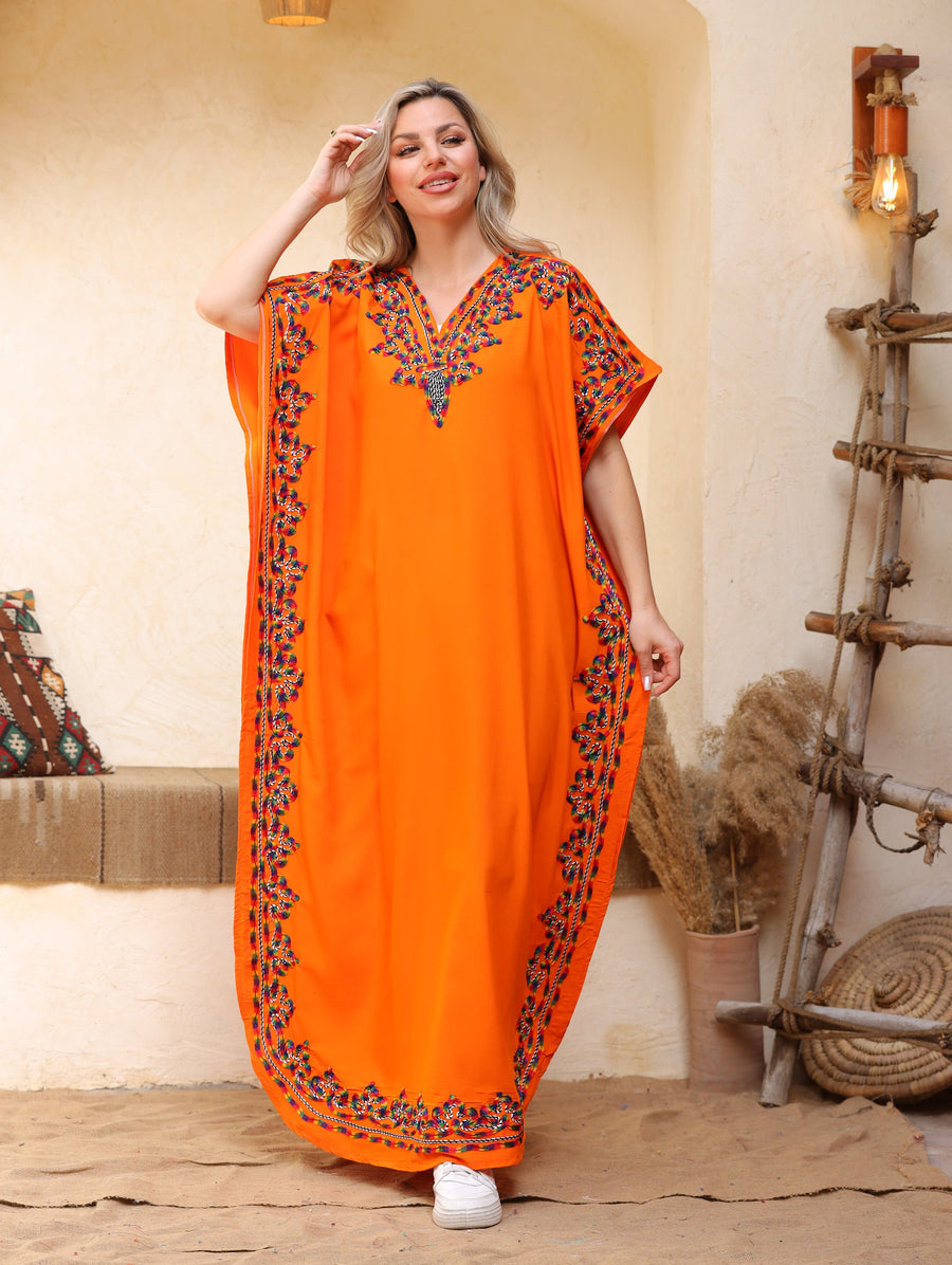 Fresh orange summer embroidered Kaftan, caftans for women, caftan, women's kaftan, free size Kaftan, Summer Kaftan, cotton Caftans