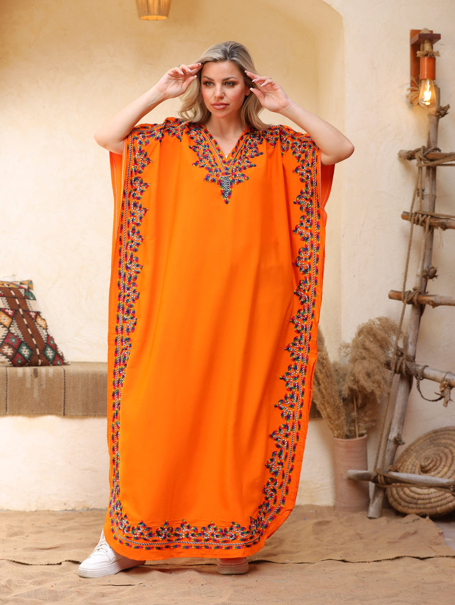 Fresh orange summer embroidered Kaftan, caftans for women, caftan, women's kaftan, free size Kaftan, Summer Kaftan, cotton Caftans