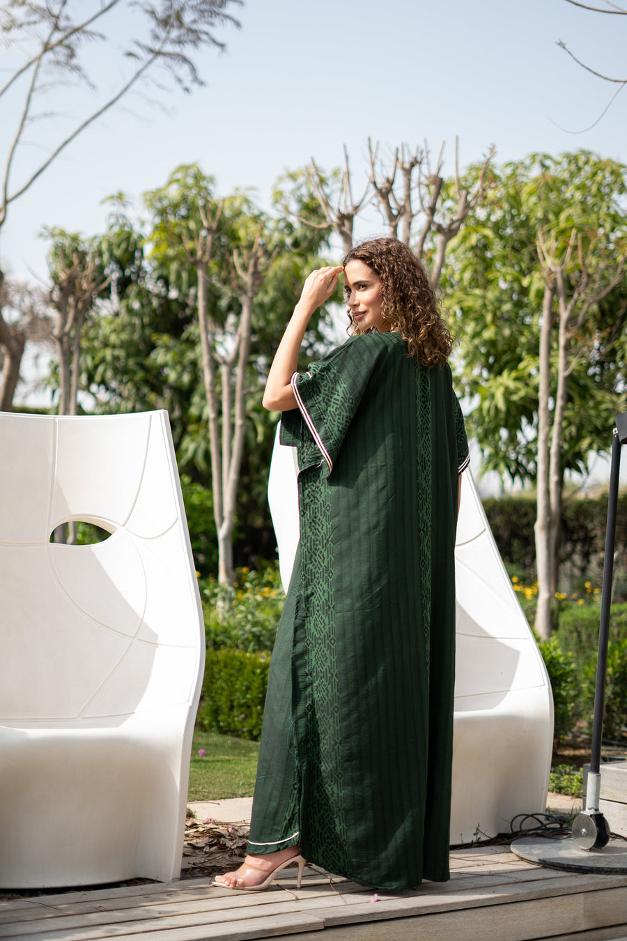 Elegant striped linen Green hand embroidered Caftan for women, Linen Kaftan, house dress, Elegant kaftan, Egyptian cotton.