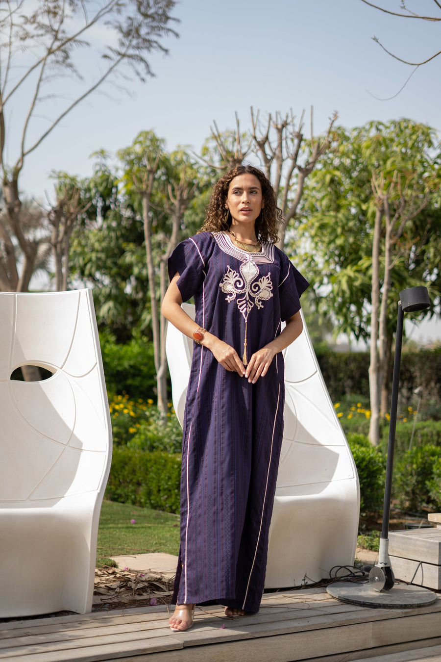 Striped linen Purple hand embroidered Caftan for women, Linen Kaftan, house dress, Elegant kaftan, Linen kaftan, Summer