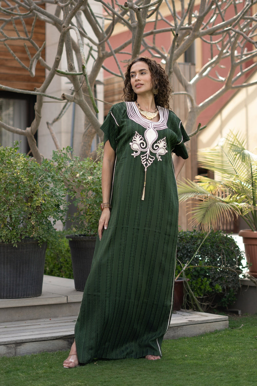 Striped linen Green hand embroidered Caftan for women, Linen Kaftan, house dress, Elegant kaftan, Linen kaftan, Summer