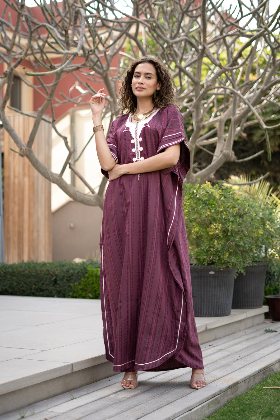 Elegant striped linen burgundy hand embroidered Caftan for women, Linen Kaftan, house dress, Elegant kaftan, Egyptian cotton.