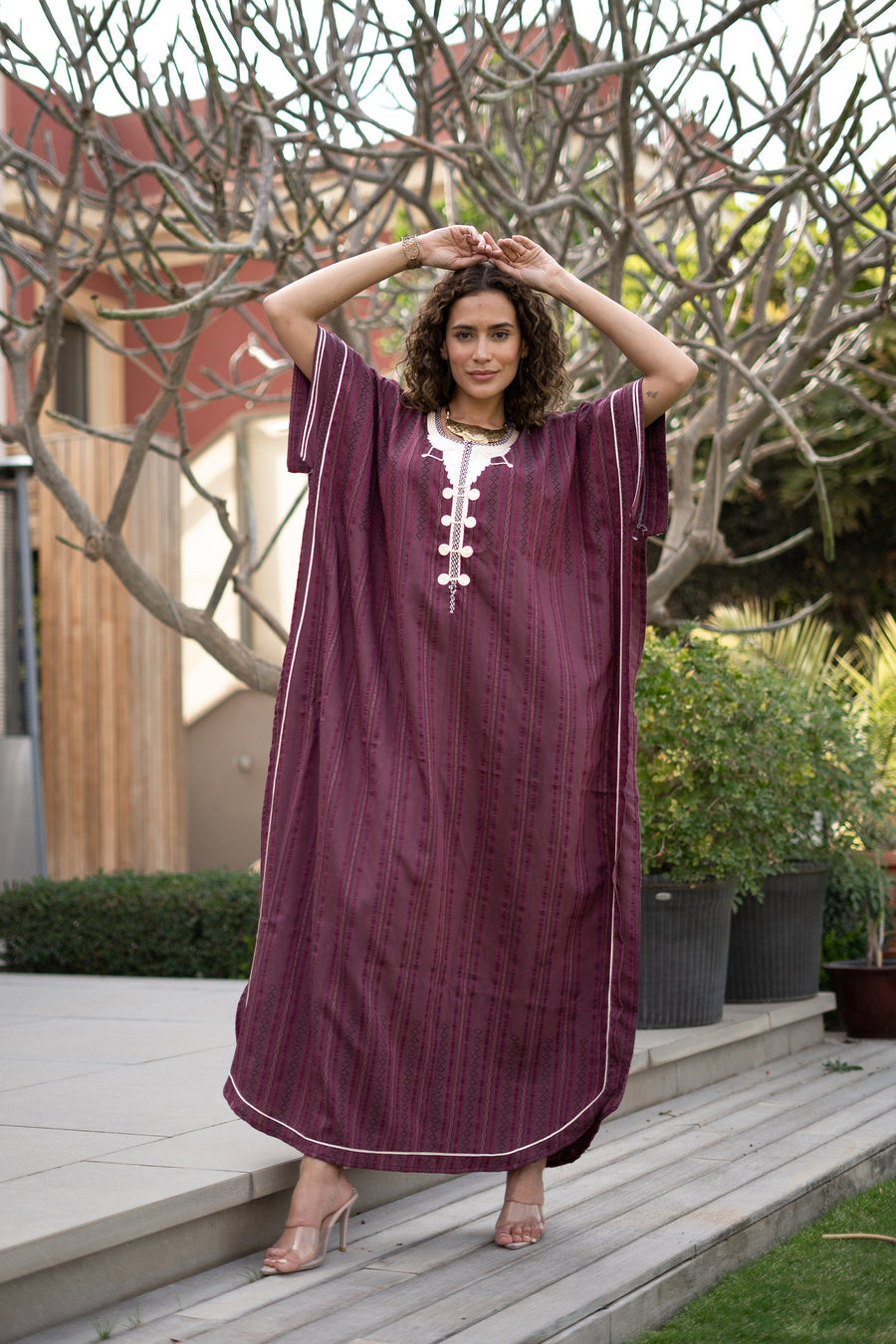 Elegant striped linen burgundy hand embroidered Caftan for women, Linen Kaftan, house dress, Elegant kaftan, Egyptian cotton.