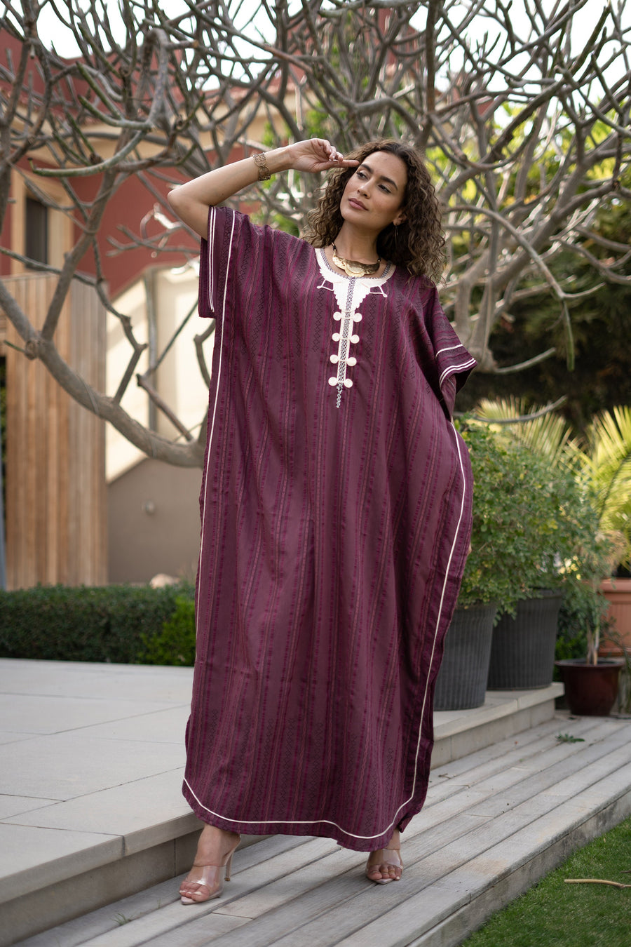 Elegant striped linen burgundy hand embroidered Caftan for women, Linen Kaftan, house dress, Elegant kaftan, Egyptian cotton.