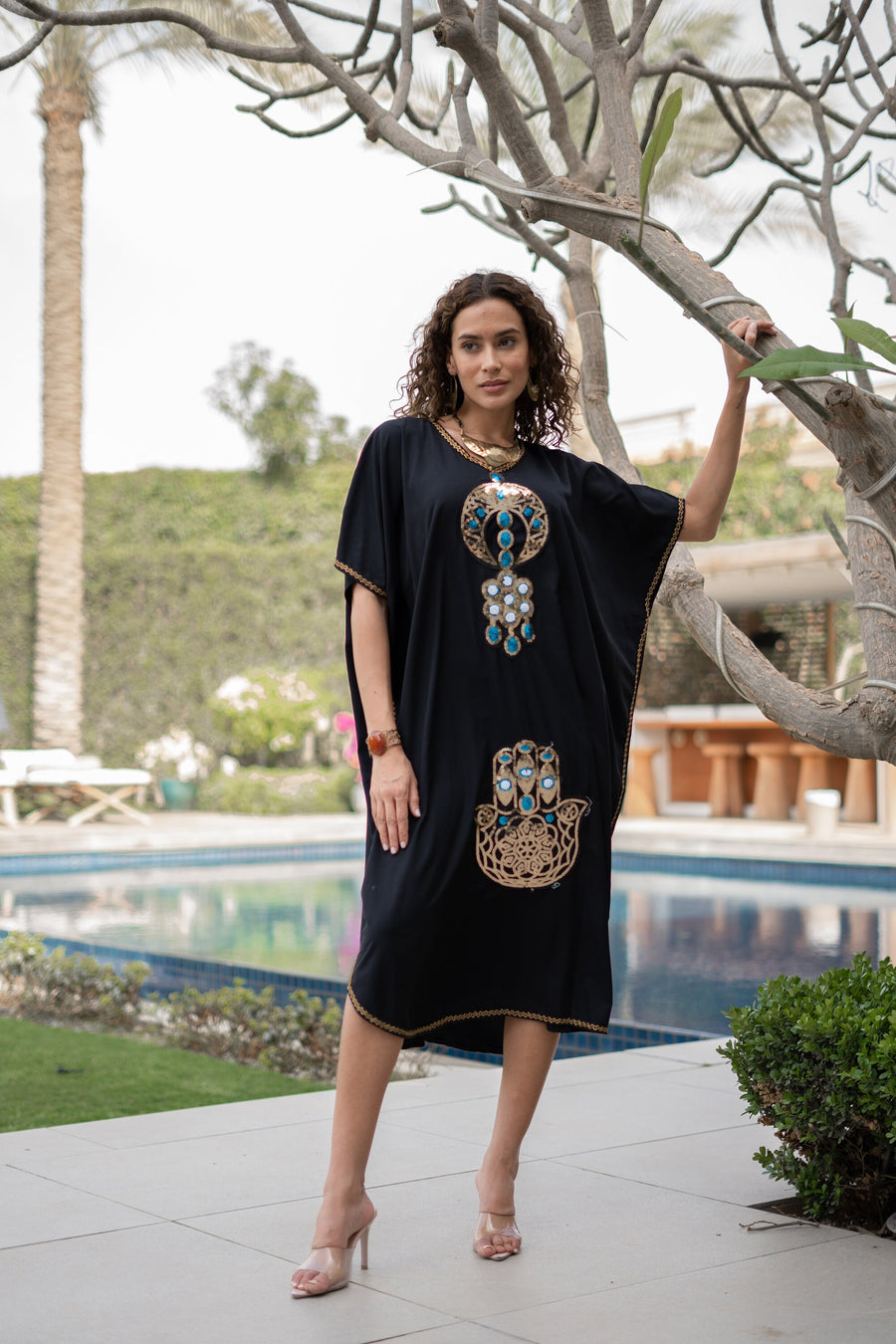 Short summer Black Sequin Hamsa Tunic caftan, caftans for women, women's kaftan, free size Kaftan, Summer Kaftan, cotton Caftans