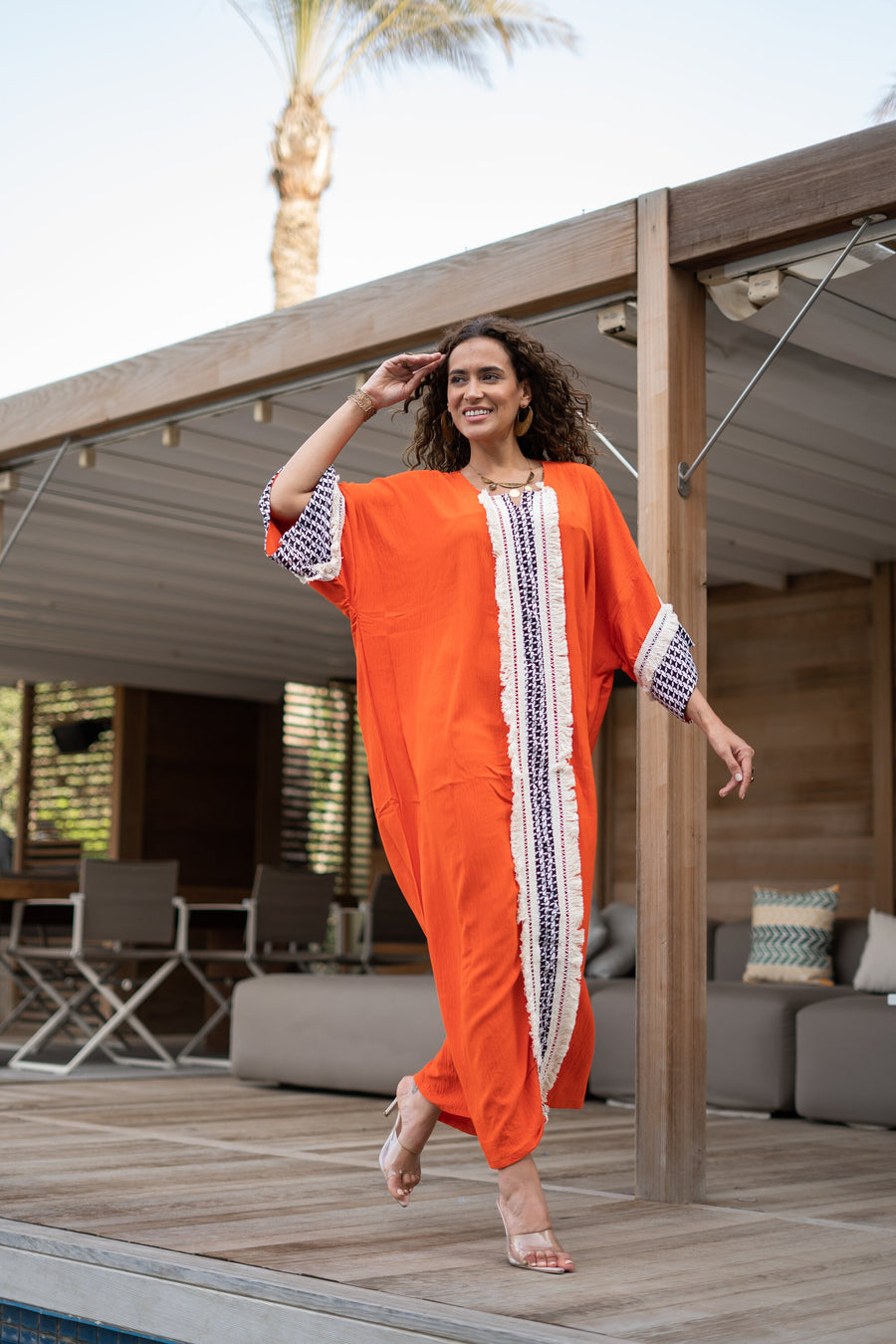 Unique orange linen/poly caftan, chic caftans for women, Summer Kaftan, Summer kaftan, Caftans for women, caftan, Palestinian caftan 04-24