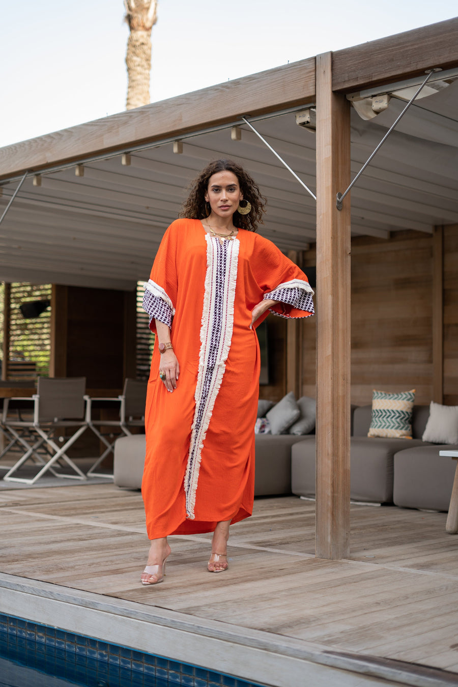 Unique orange linen/poly caftan, chic caftans for women, Summer Kaftan, Summer kaftan, Caftans for women, caftan, Palestinian caftan 04-24