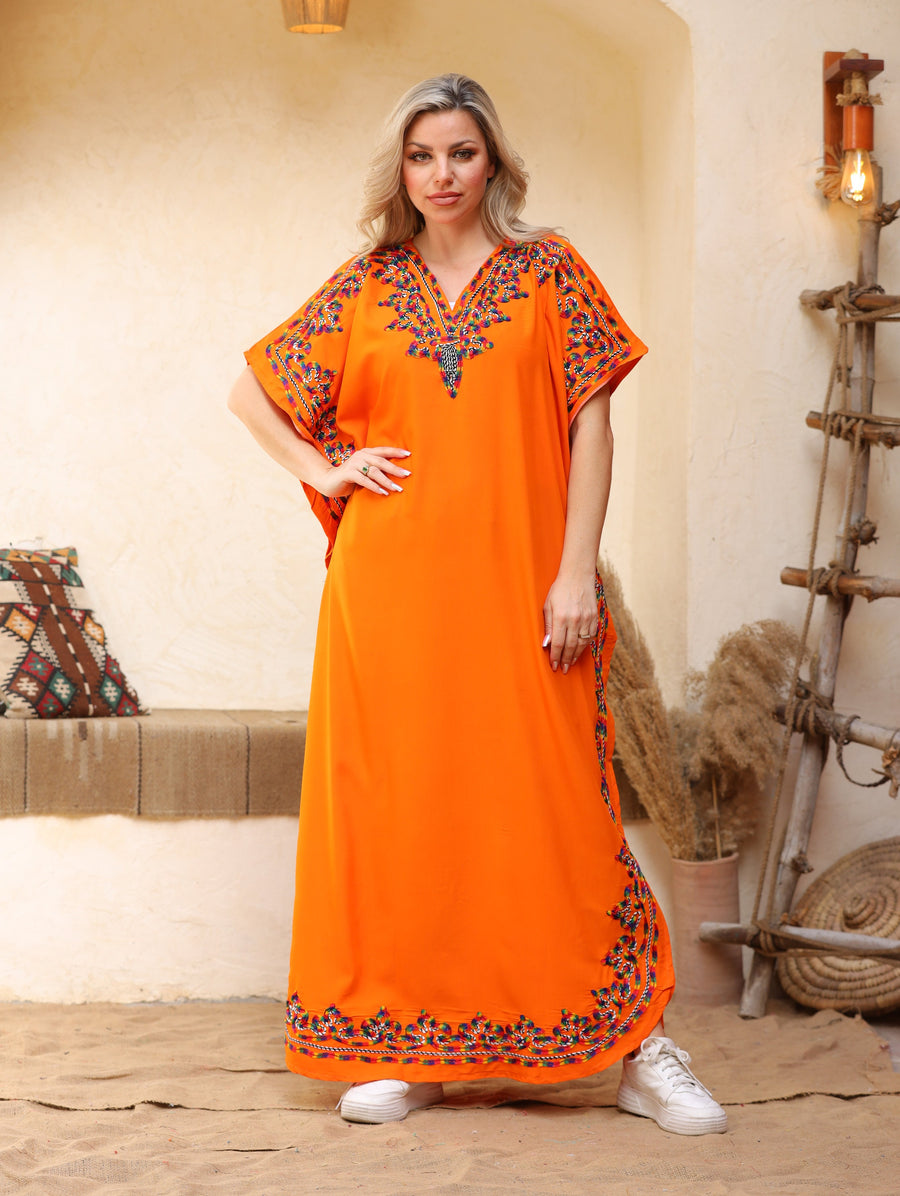 Fresh orange summer embroidered Kaftan, caftans for women, caftan, women's kaftan, free size Kaftan, Summer Kaftan, cotton Caftans