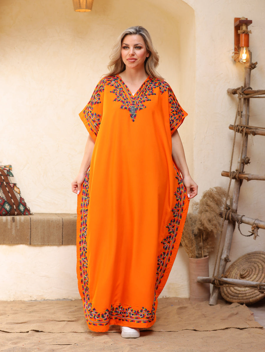 Fresh orange summer embroidered Kaftan, caftans for women, caftan, women's kaftan, free size Kaftan, Summer Kaftan, cotton Caftans