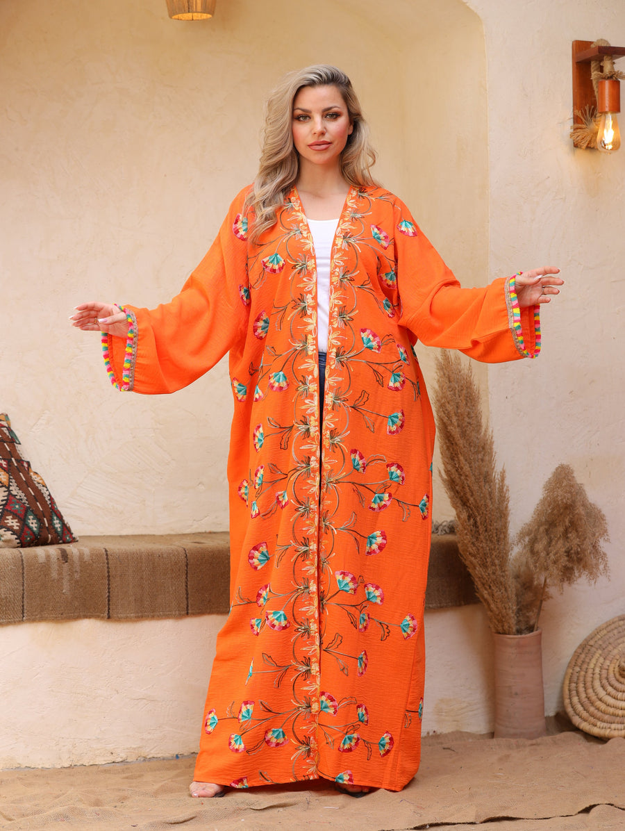 Bohemian Orange Linen Cardigan, Embroidered Summer Abaya, Abayas for women, Boho Kimono, Women's Duster, Boho Cardigan, Duster, Cardigan