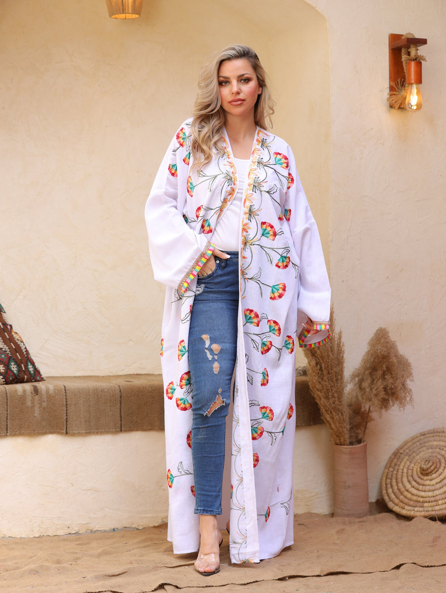 Bohemian white Linen Cardigan, Embroidered Summer Abaya, Abayas for women, Boho Kimono, Women's Duster, Boho Cardigan, Duster, Cardigan