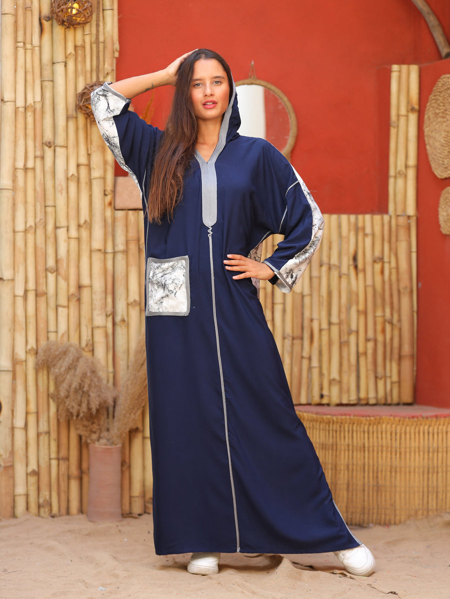 Chic navy blue embroidered Kaftan maxi dress, pocket Kaftan maxi, Cotton caftan women, caftan, embroidered caftan, Egyptian cotton 04-24