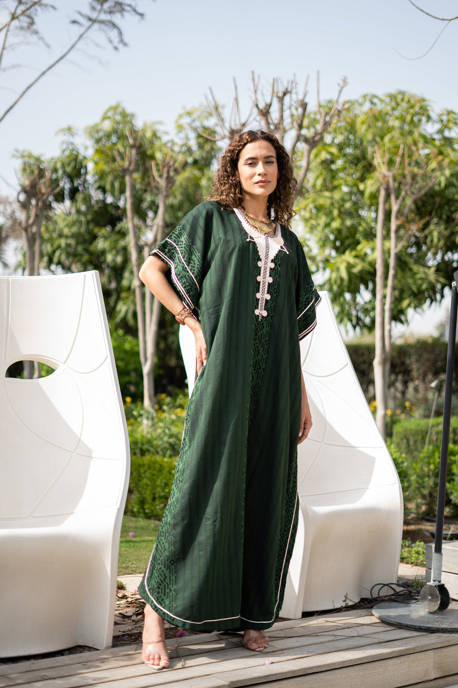 Elegant striped linen Green hand embroidered Caftan for women, Linen Kaftan, house dress, Elegant kaftan, Egyptian cotton.