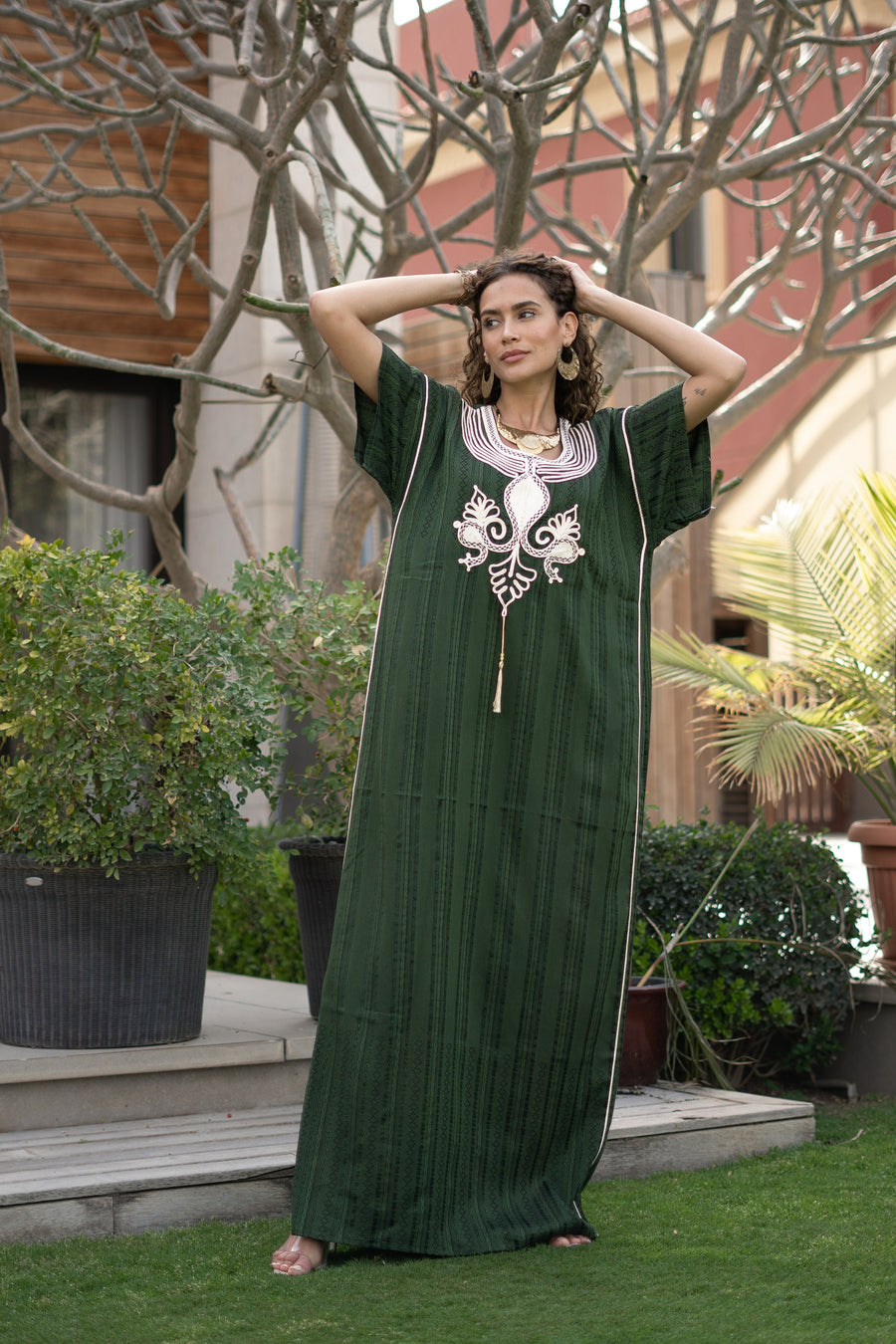 Striped linen Green hand embroidered Caftan for women, Linen Kaftan, house dress, Elegant kaftan, Linen kaftan, Summer