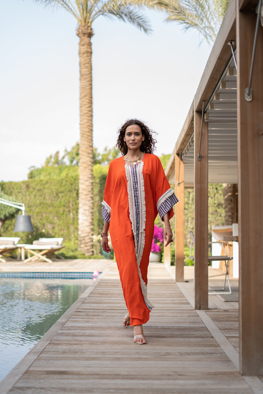 Unique orange linen/poly caftan, chic caftans for women, Summer Kaftan, Summer kaftan, Caftans for women, caftan, Palestinian caftan 04-24