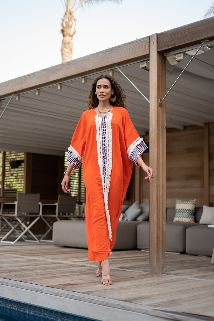 Unique orange linen/poly caftan, chic caftans for women, Summer Kaftan, Summer kaftan, Caftans for women, caftan, Palestinian caftan 04-24