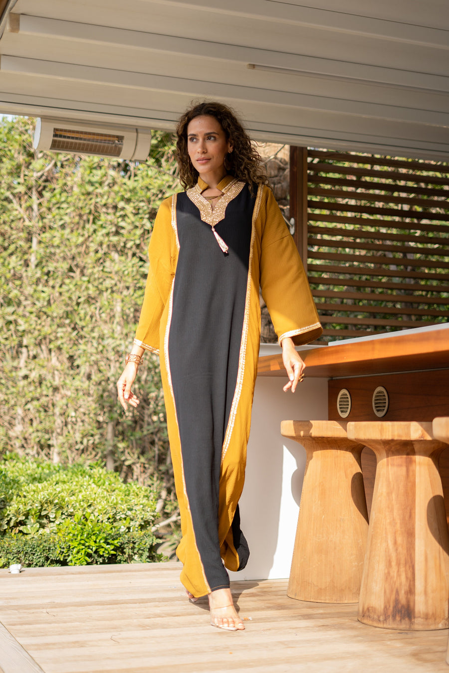 Luxurious half black/mustard gold embroidered caftan, linen/poly caftan, chic caftan, Summer Kaftan, Caftans for women, caftans for women