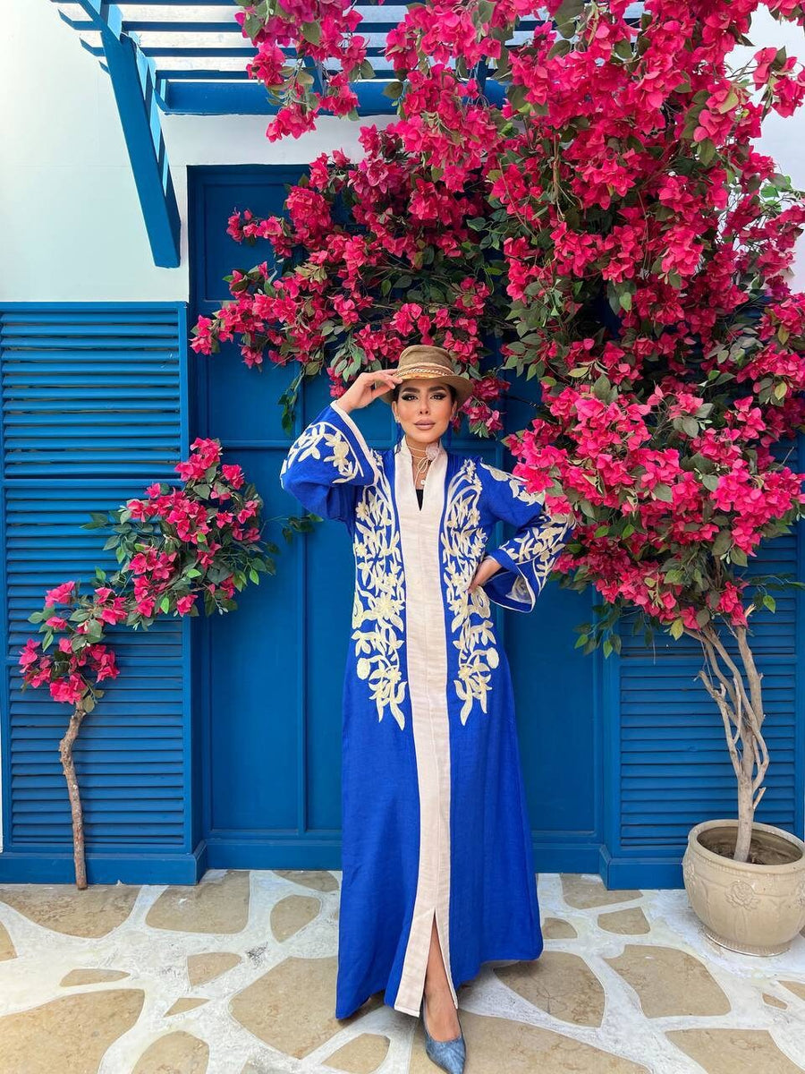 Luxurious blue embroidered caftan, linen summer caftan, chic caftan, Summer Kaftan, Caftans for women, caftans for women