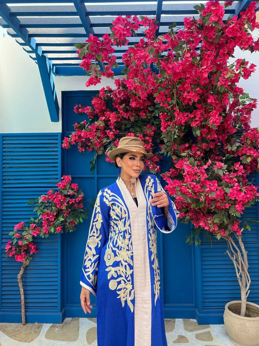 Luxurious blue embroidered caftan, linen summer caftan, chic caftan, Summer Kaftan, Caftans for women, caftans for women