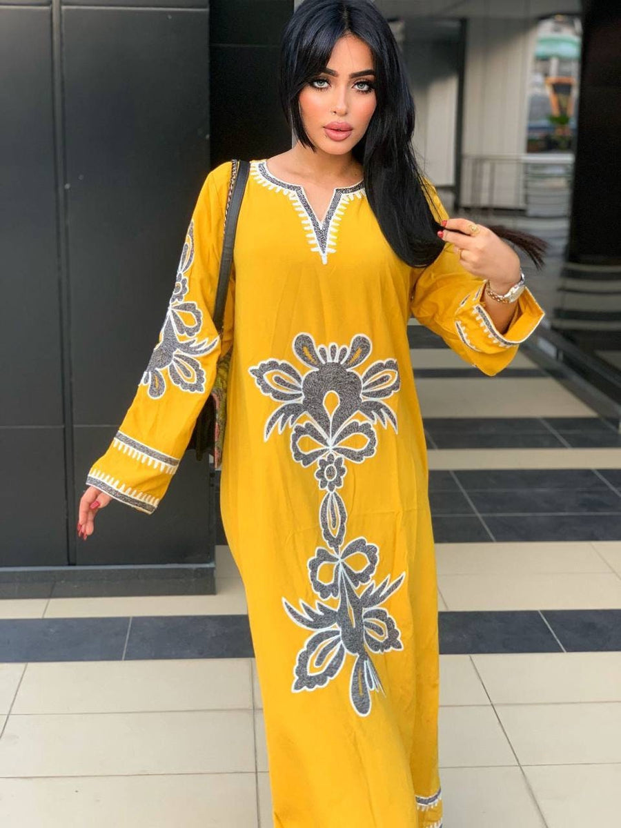 Luxurious yellow embroidered caftan, linen summer caftan, chic caftan, Summer Kaftan, Caftans for women, caftans for women