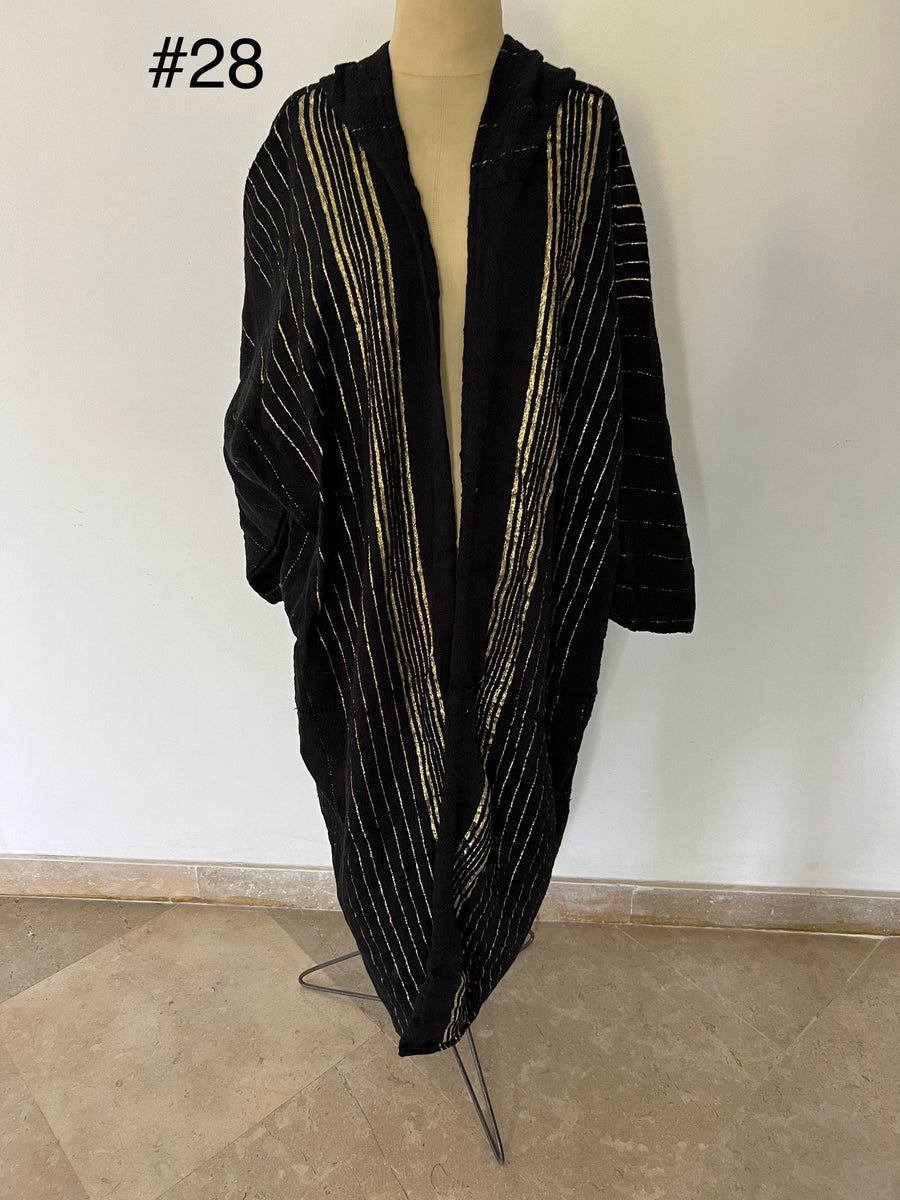 Black winter Kimono hand loomed with golden threads, Winter Wool Kimono, Abayas, Winter Abaya, Colorful Abaya, Kimonos for women, Kimonos