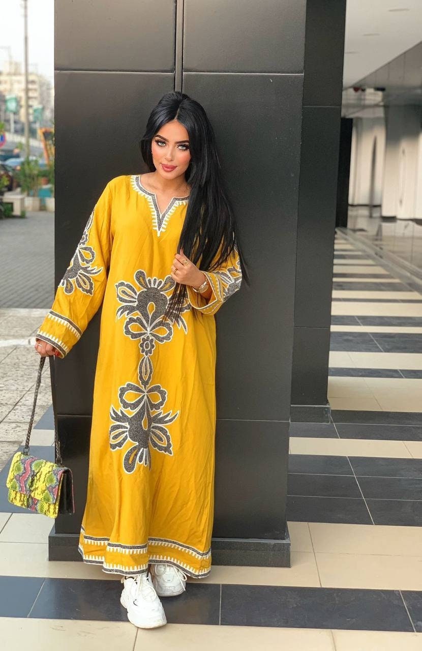 Luxurious yellow embroidered caftan, linen summer caftan, chic caftan, Summer Kaftan, Caftans for women, caftans for women