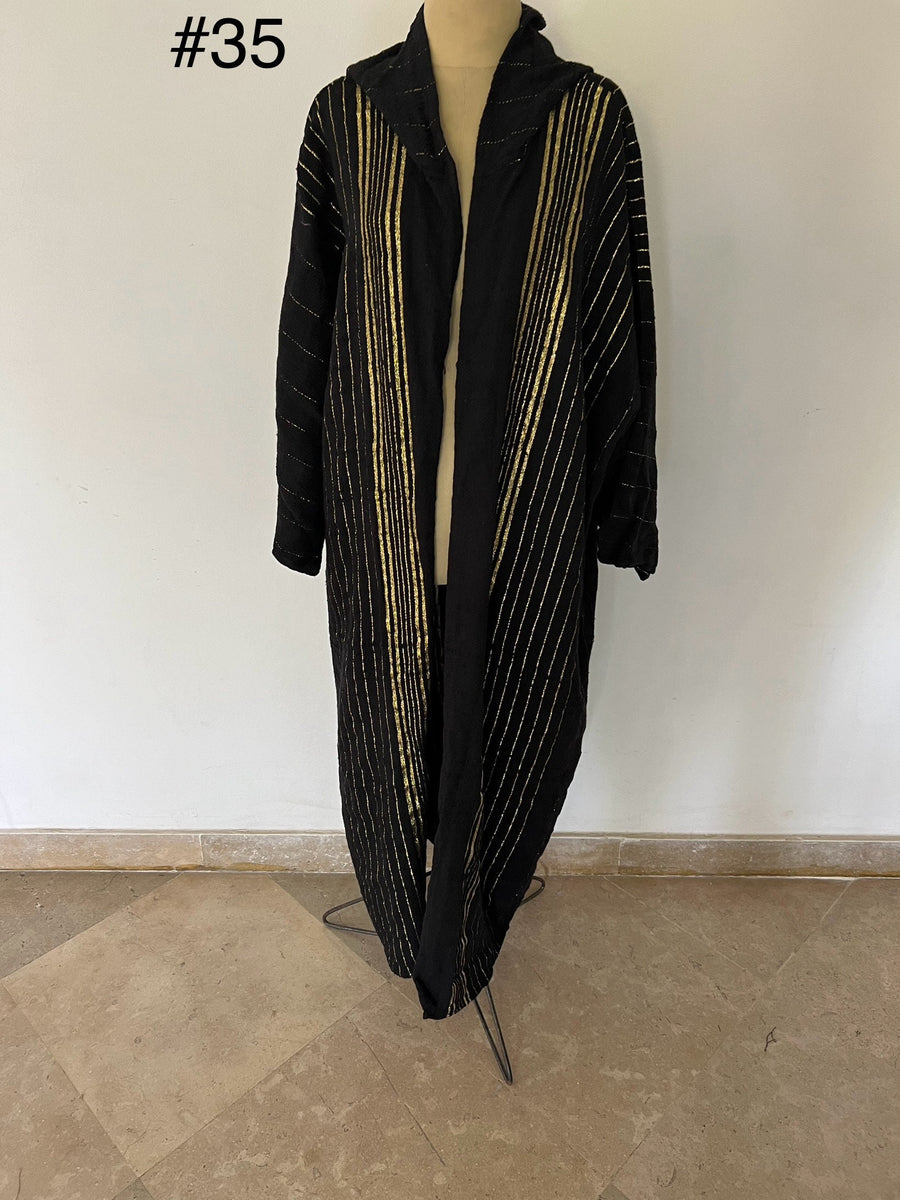 Black winter Kimono hand loomed with golden threads, Winter Wool Kimono, Abayas, Winter Abaya, Colorful Abaya, Kimonos for women, Kimonos