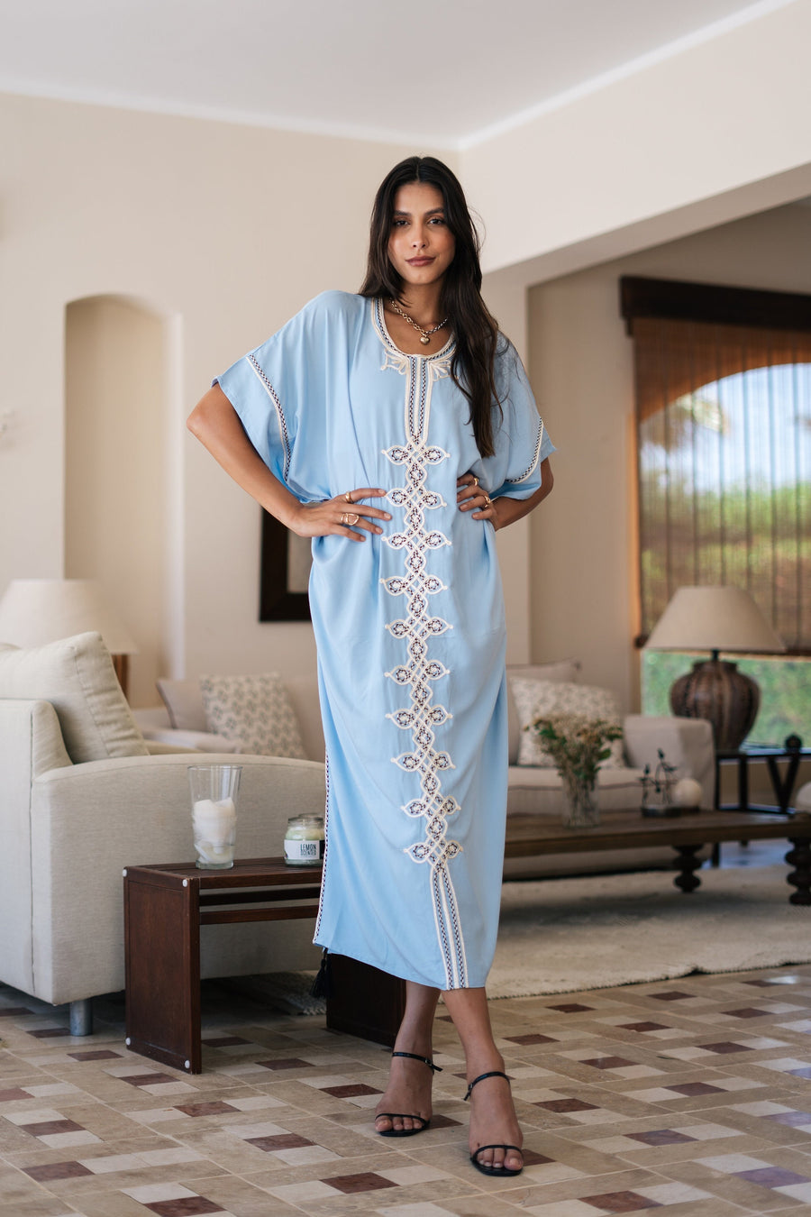 Chic turquoise hand embroidered cotton caftans for women, women's kaftan, free size caftan, Summer Kaftan, cotton Caftans for women