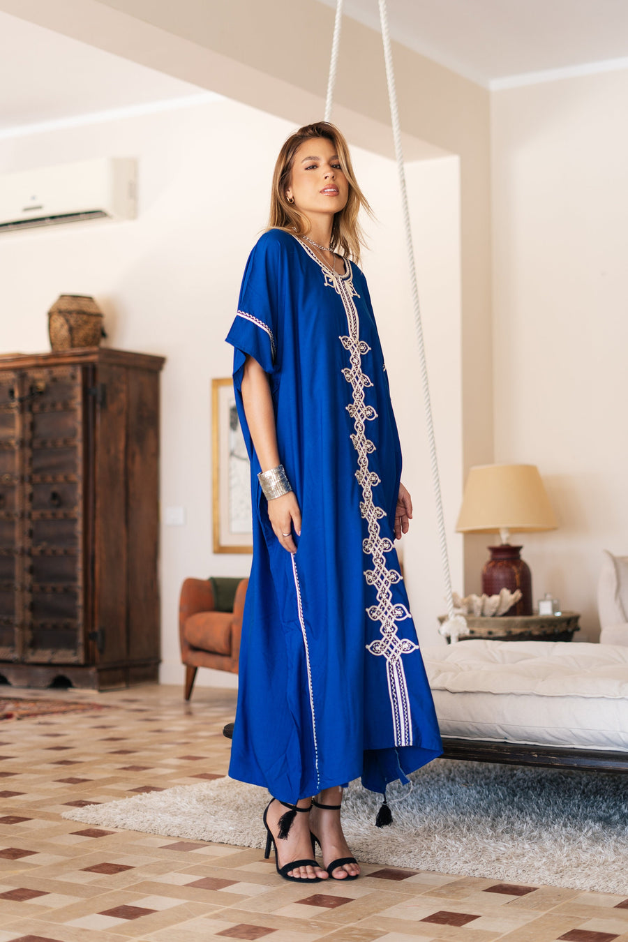 Chic blue hand embroidered cotton caftans for women, women's kaftan, free size caftan, Summer Kaftan, cotton Caftans for women