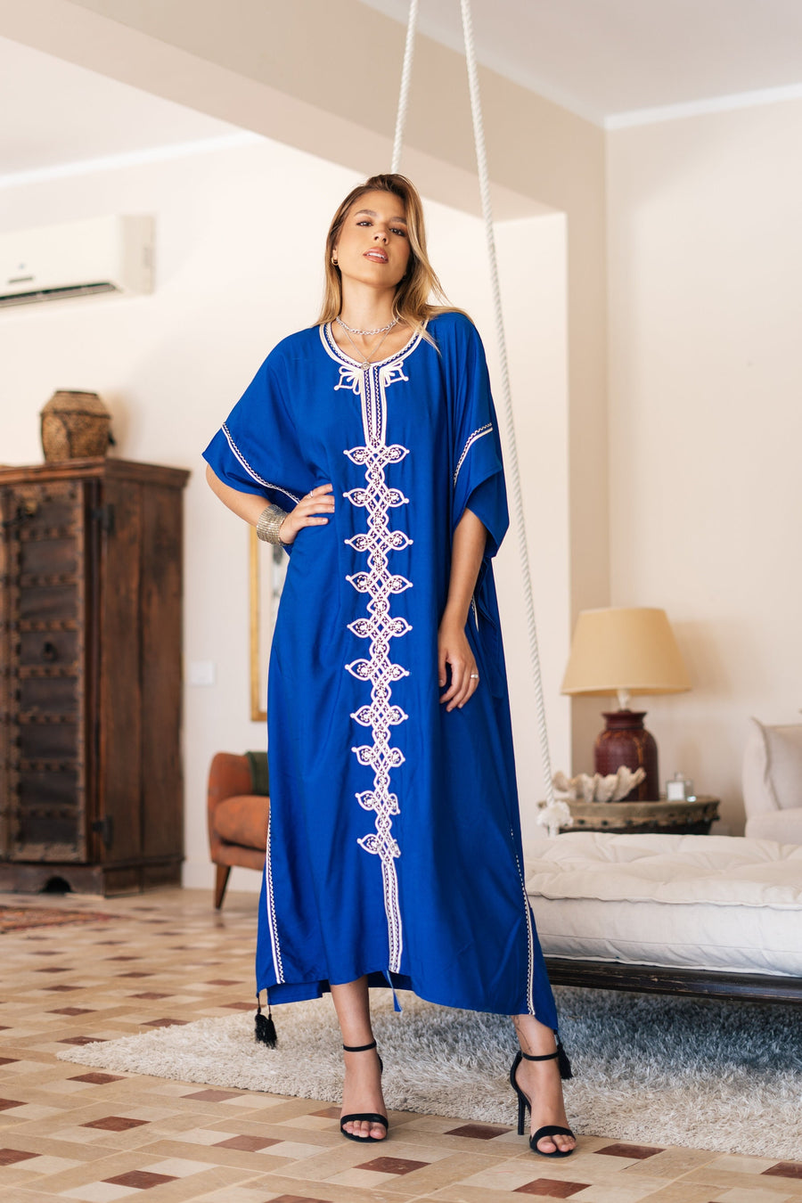 Chic blue hand embroidered cotton caftans for women, women's kaftan, free size caftan, Summer Kaftan, cotton Caftans for women