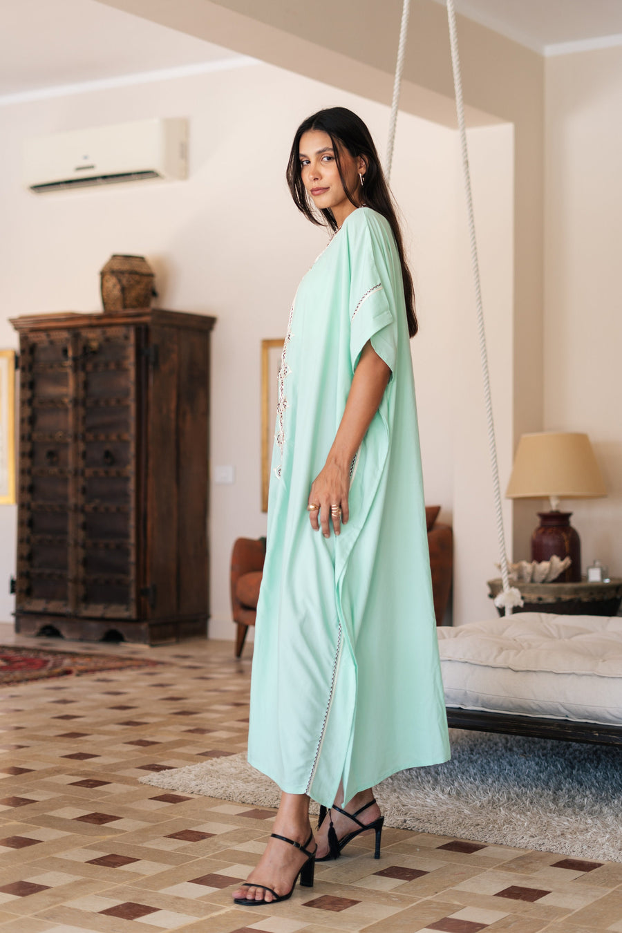 Chic light turquoise hand embroidered cotton caftans for women, women's kaftan, free size caftan, Summer Kaftan, cotton Caftans for women