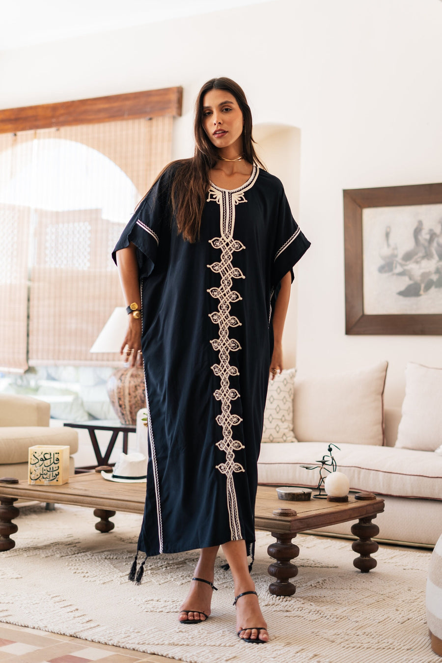 Chic black hand embroidered cotton caftans for women, women's kaftan, free size caftan, Summer Kaftan, cotton Caftans for women