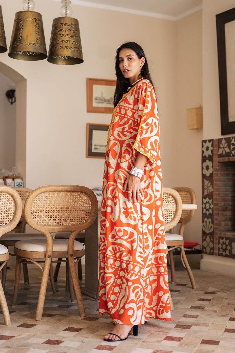 Chic orange print Summer embroidered Kaftan, Caftan, caftans for women, Boho Kaftan dress, Caftans for women, summer kaftans, women