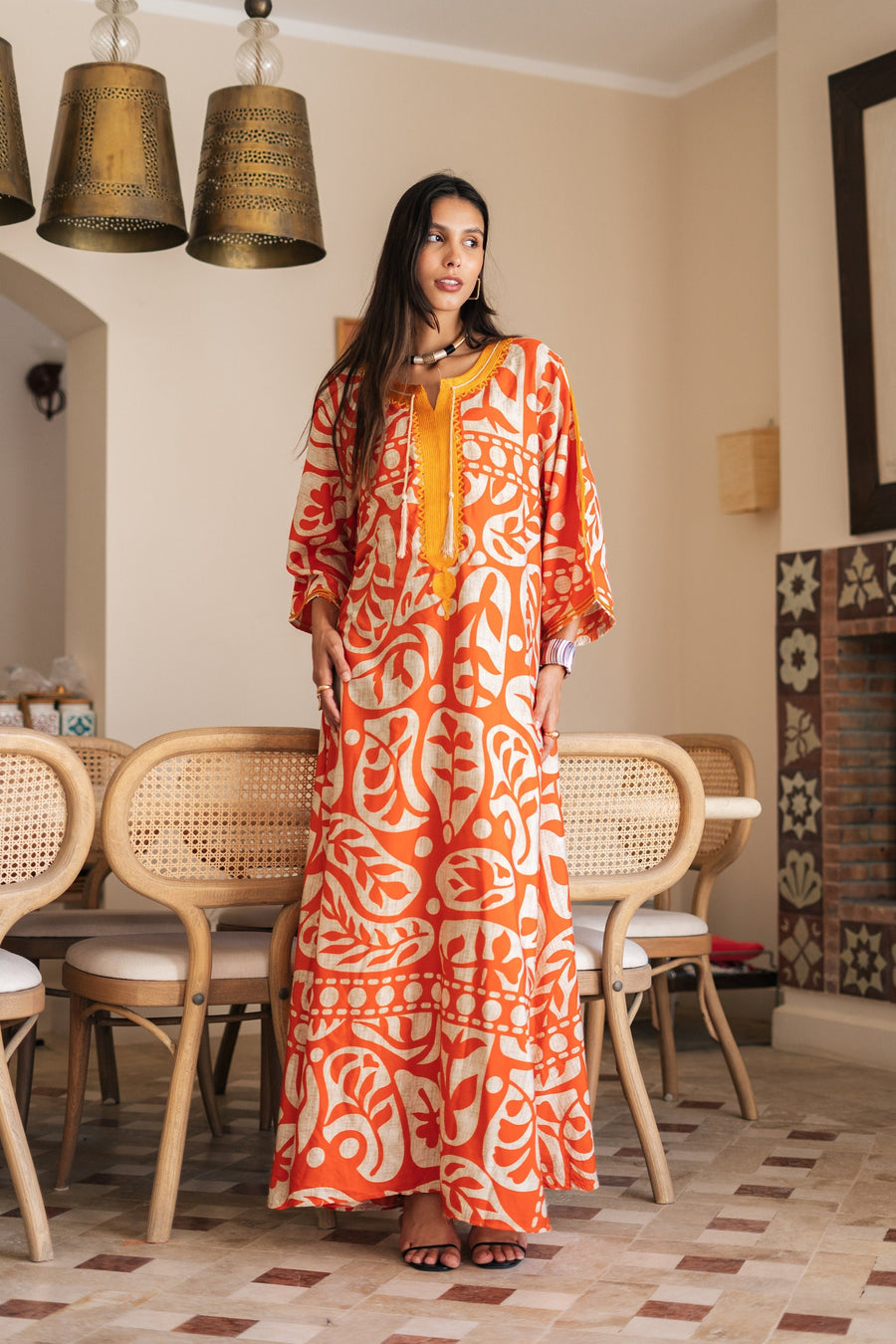 Chic orange print Summer embroidered Kaftan, Caftan, caftans for women, Boho Kaftan dress, Caftans for women, summer kaftans, women