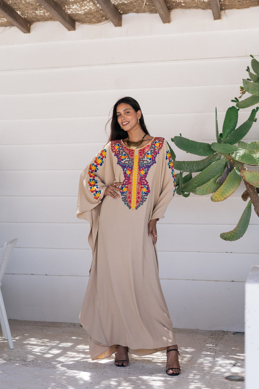 Boho Beige embroidered kaftan for women, caftan, women's kaftan, free size Kaftan, Summer Kaftan, Caftans for women