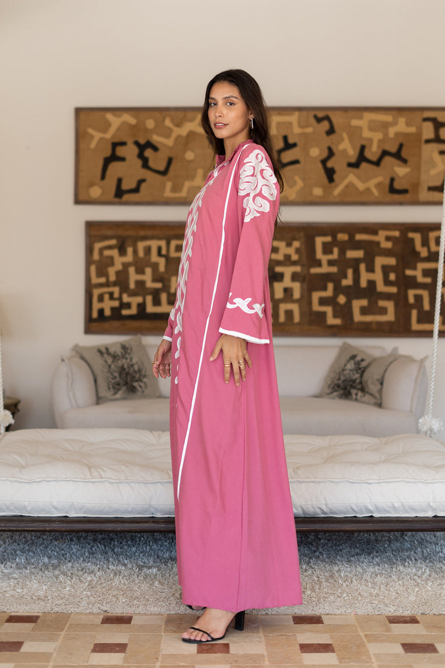 Classy pink embroidered caftan maxi dress, Kaftan maxi dress, Cotton caftan women, caftan, Chic embroidered caftan, Egyptian cotton 07-24